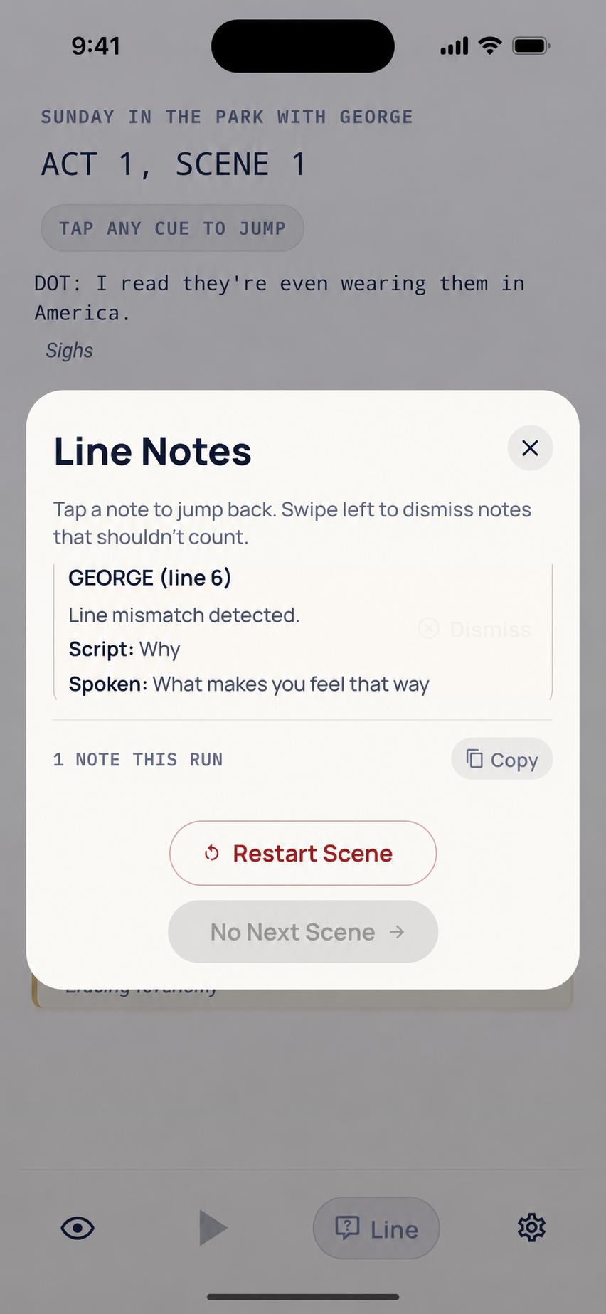 Line Check line notes screen showing a mismatch note after a rehearsal run.